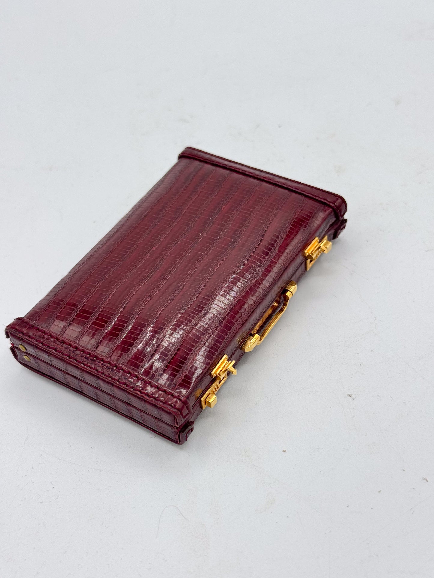 Mini Briefcase Business Card Holder Burgundy Faux-Croc — NOS with Mirror 1990s