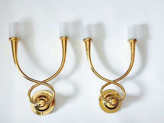 3 Hollywood Regency Egoluce Wall Light Sconces, Brass, Glass, Italy, 1980s - Price per sconce