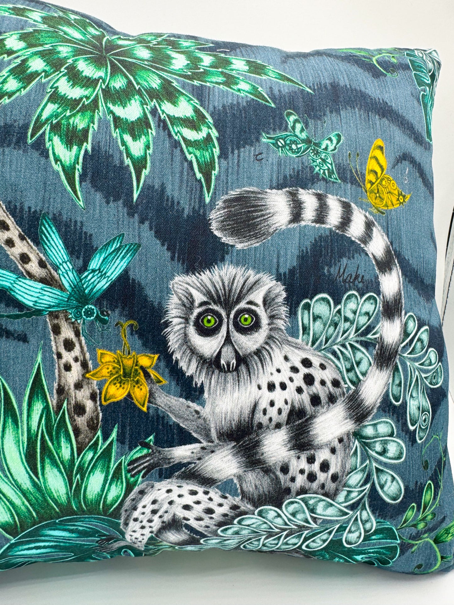 Lemur Jungle & Green Velvet Pillow