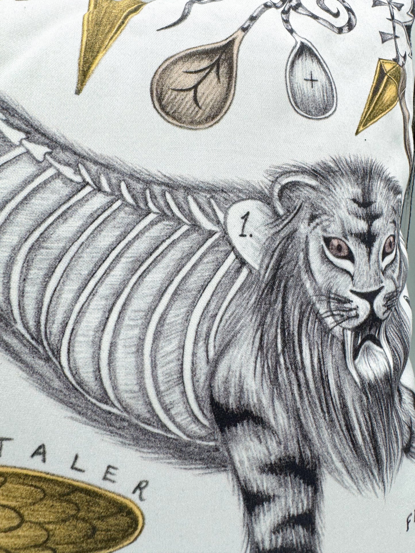 Black Ink Lion and Beige Velvet Pillow