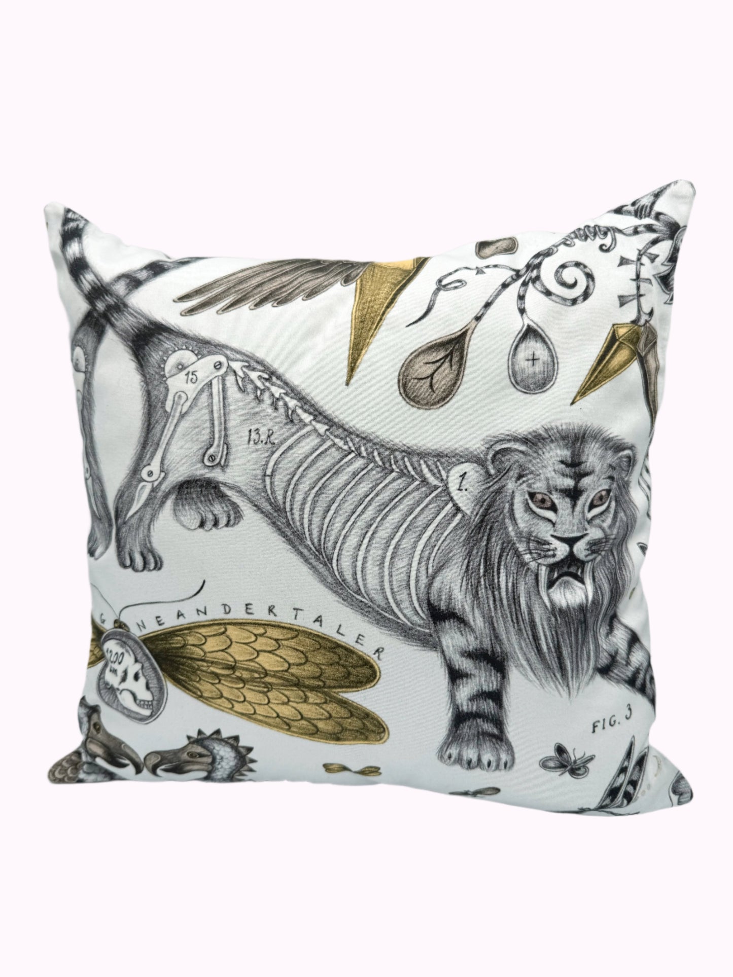 Black Ink Lion and Beige Velvet Pillow