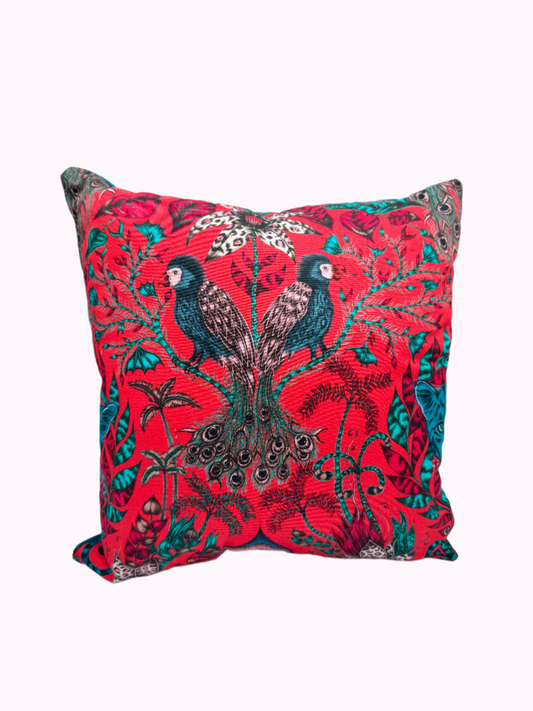 Red Foliage Birds & Navy Velvet Pillow