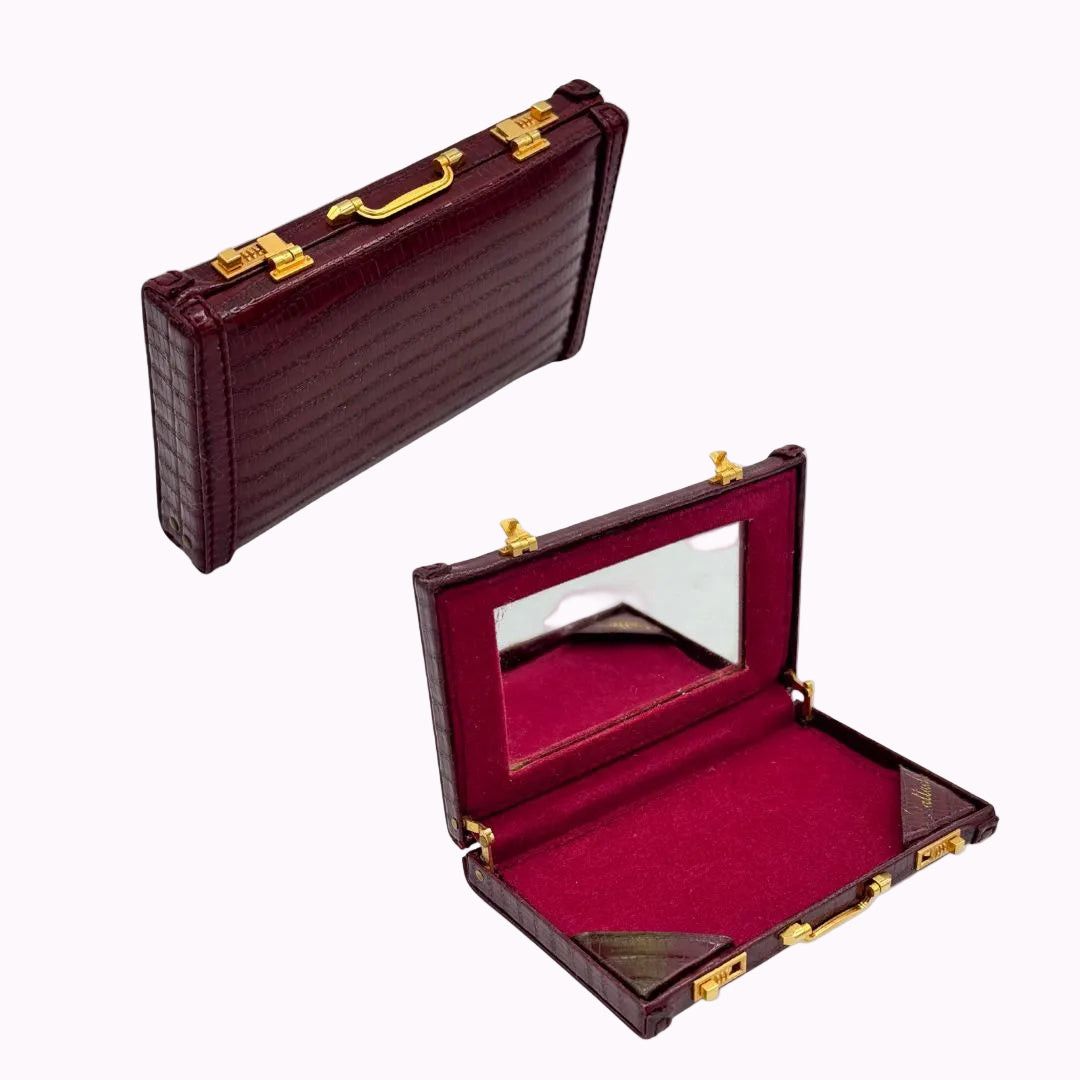 Mini Briefcase Business Card Holder Burgundy Faux-Croc — NOS with Mirror 1990s
